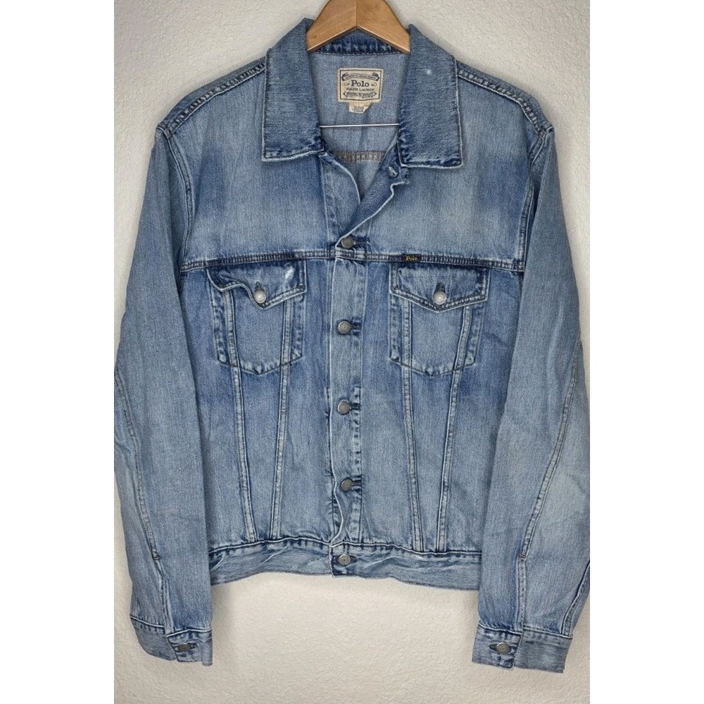 Polo Ralph Lauren Pony Logo Men XXL Denim Jean Trucker Jacket‎ Distressed Grunge